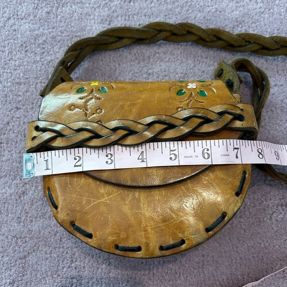 Vtg 70s Tooled Thick Stitch Flower Leather Braided Painted Bohemian Shoulder Bag - Picture 10 of 16